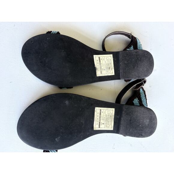 sz 8 Womens Sandals Turquoise Brown Beaded Leather Ankle Strap By Roper - Picture 5 of 5